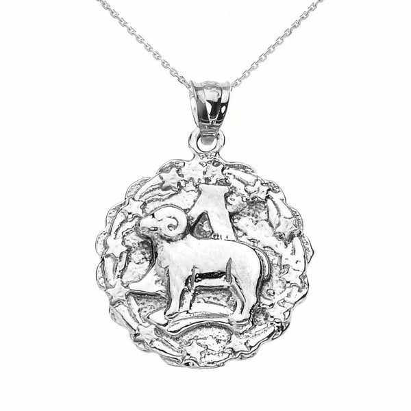 925 Sterling Silver Aries April Zodiac Sign Round Pendant Necklace