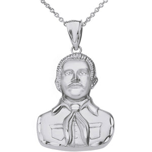 Sterling Silver Diamond-Cut Jesús Malverde Sinaloa Narco-Saint Pendant Necklace