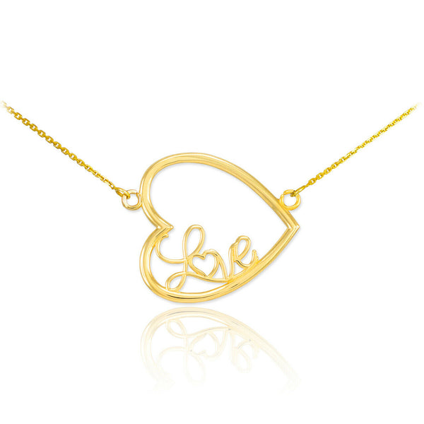 14K Solid Yellow Gold Dainty Sideways Open Heart Love Necklace Valentine's Day