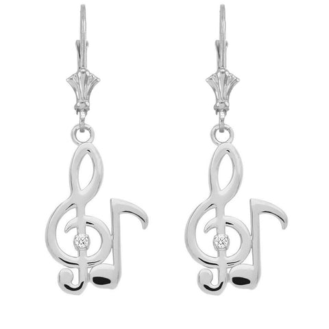 925 Sterling Silver Diamond Treble Clef & Eight Note Music Earrings