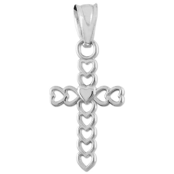 10K Solid Gold Open Hearts Cross Pendant Necklace - Yellow, Rose, or White