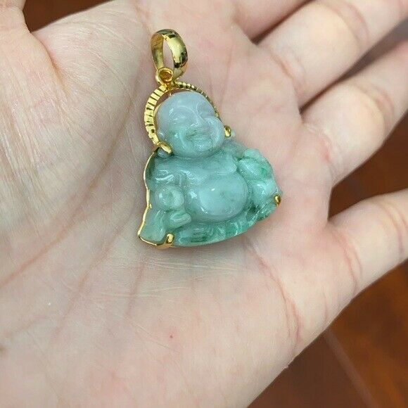 14K Solid Real Gold Natural Jadeite Jade Happy Laughing Buddha Pendant Male