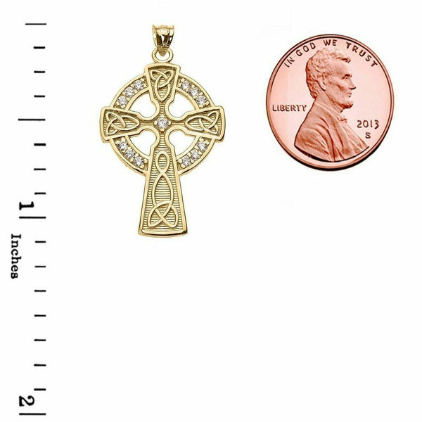 Solid 14k Yellow Gold CZ Irish Trinity Knot Celtic Cross Pendant Necklace