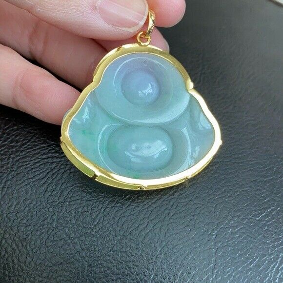 14K Real Gold Natural Jadeite Jade Happy Laughing Buddha Pendant Male Charm