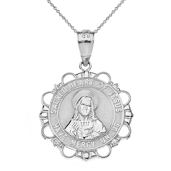 925 Sterling Silver CZ Sacred Heart of Jesus Have Mercy On Us Pendant Necklace