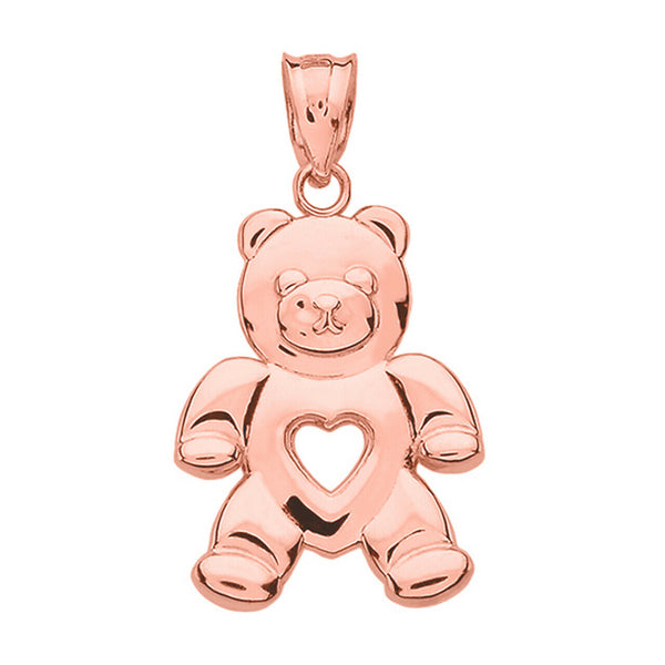 10K Solid Gold Open Heart Love Bear Pendant Necklace - Yellow, Rose, or White