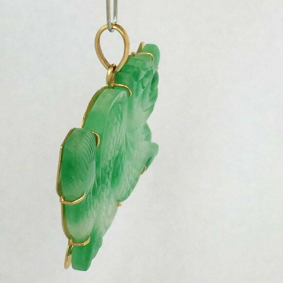 14K Solid Yellow Gold Green Jade Carved Dragon Pendant Charm XLarge