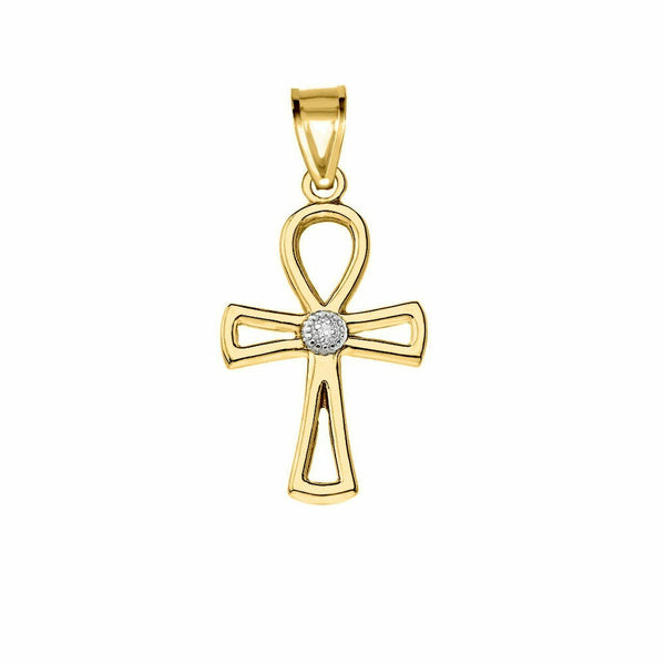 10k 14k Solid Gold Diamond Ancient Egyptian Ankh Cross Openwork Pendant Necklace