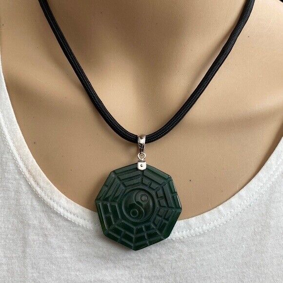 925 Sterling Silver Carving Agate Yin Yang Pendant Necklace