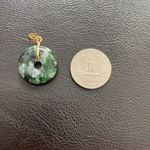 14K Solid Yellow Gold Small Round Donut Natural Jade Pendant Necklace