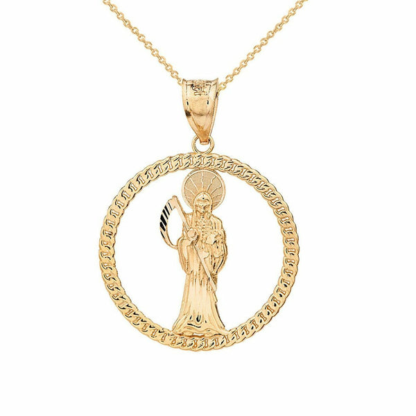 10k Yellow Gold Rope Frame Diamond Cut Santa Muerte Circle Pendant Necklace