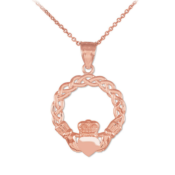 10K Solid Gold Classic Braided Claddagh Pendant Necklace
