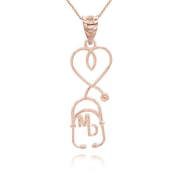 10K Solid Gold Medical Doctor MD Heart Stethoscope Pendant Necklace