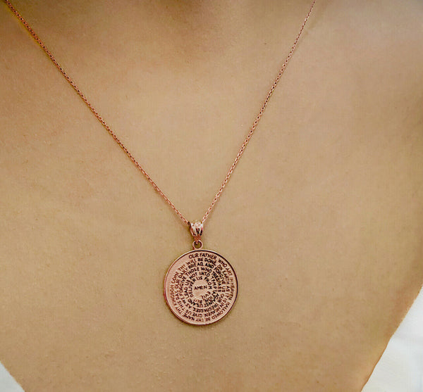 14k Solid Rose Gold The Lord's Prayer Medallion Pendant Necklace