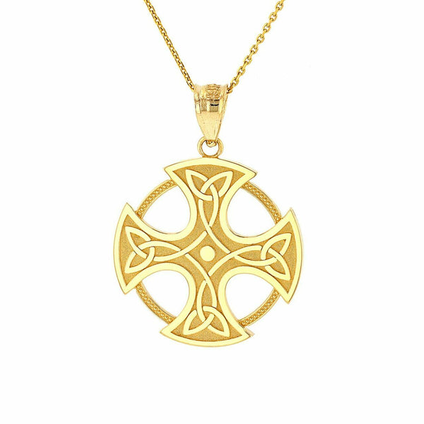 Solid 10k Real Yellow Gold Trinity Knot Celtic Cross Pendant Necklace