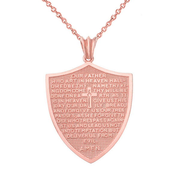 14k Solid Rose Gold The Lord’s Prayer Shield Medallion Pendant Necklace