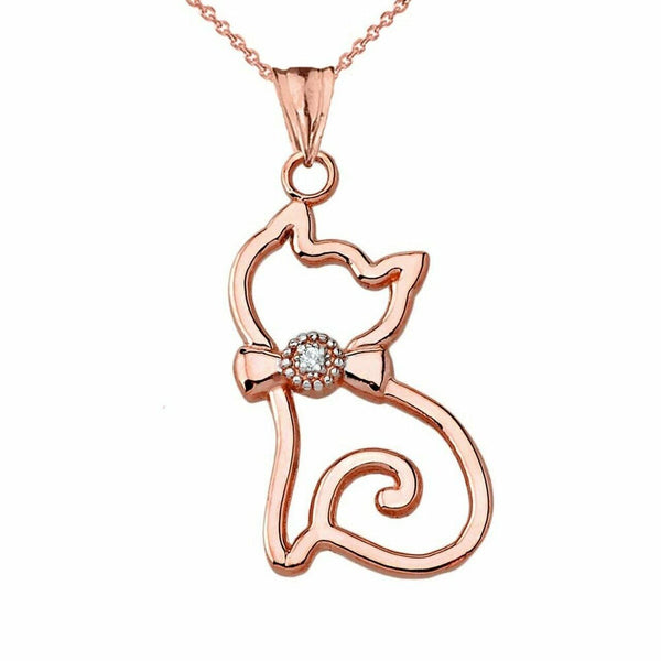 Solid 14k Rose Gold Openwork Diamond Cat Pendant Necklace