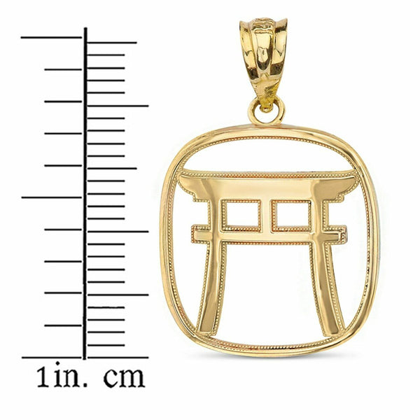 14k Yellow Gold Torii Gate Japanese Symbol Shinto Shrine Pendant Necklace