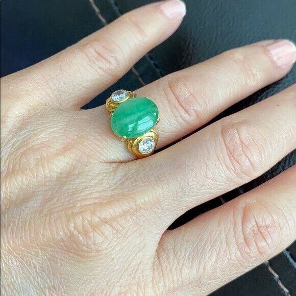 14K Solid Yellow Gold Oval Green Jade CZ Ring Size 5.5