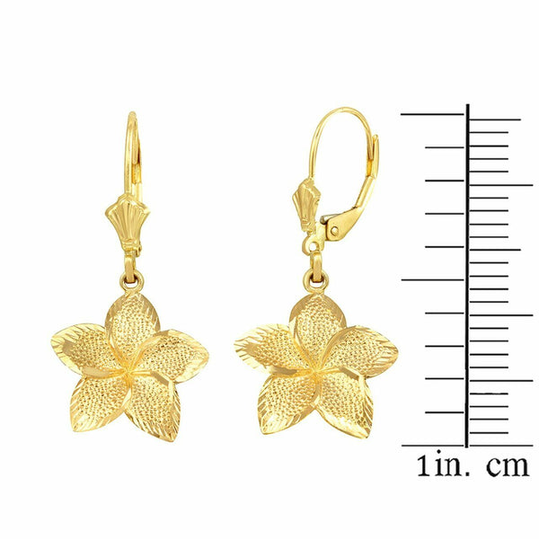 10k Solid Yellow Gold Small Five Petal Textured Plumeria Flower Earring Set