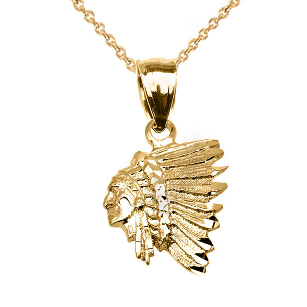 10K Solid Gold Native American Indian Head Pendant Necklace -Yellow Rose White