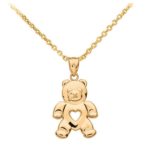 10K Solid Gold Open Heart Love Bear Pendant Necklace - Yellow, Rose, or White
