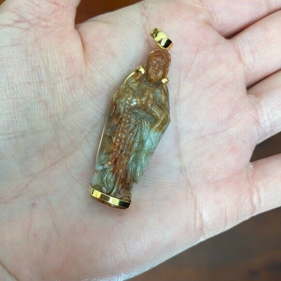 14K Solid Gold The Blessed Virgin Mary Prayer Carved Natural Red Jade Pendant