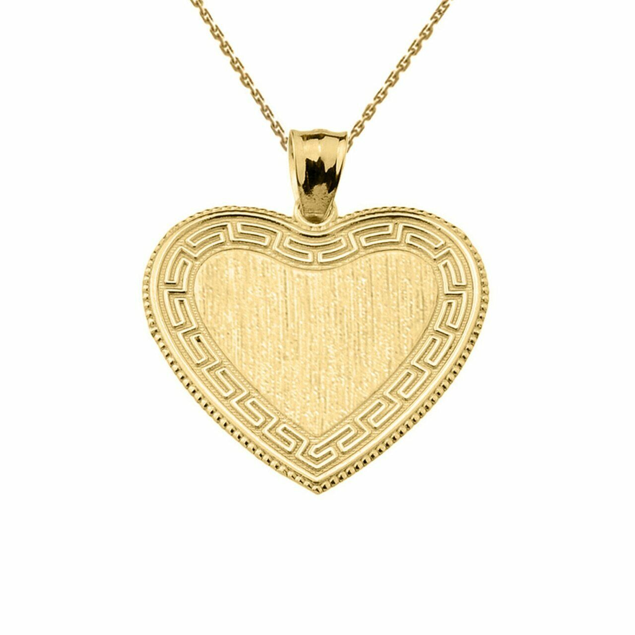 Solid 10k Yellow Gold Greek Key Engravable Heart Pendant Necklace
