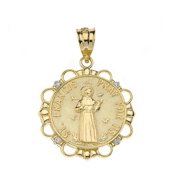 14k Solid Gold Diamond St. Saint Francis Pray For Us Circle Pendant Necklace