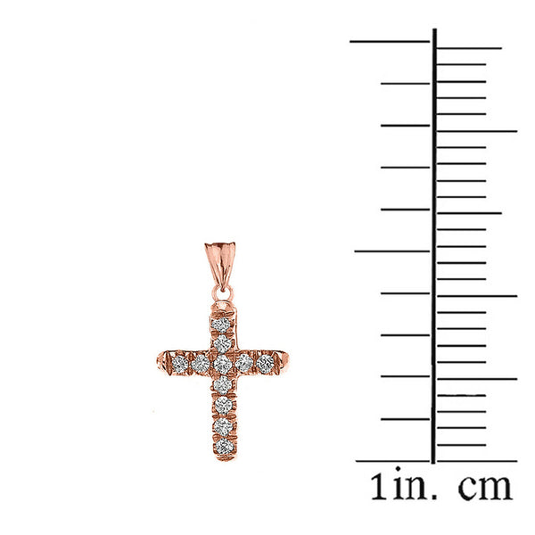 14k Solid Rose Gold Mini Elegant Diamond Cross Pendant Necklace - Minimalist