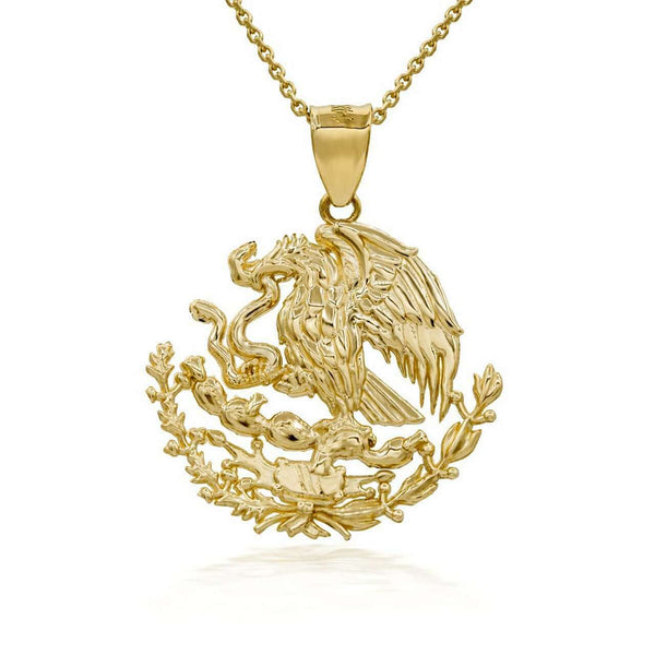 10K Solid Yellow Gold Mexico Mexican Eagle Coat Of Arms Pendant Necklace