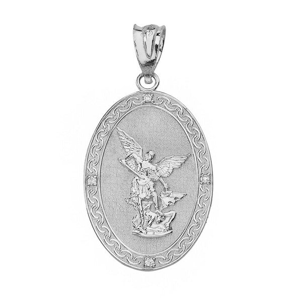 Sterling Silver Archangel Michael Oval Medallion CZ Prayer S Pendant Necklace