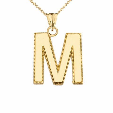 10k Solid Gold Small Milgrain Initial Letter M Pendant Necklace Personalized