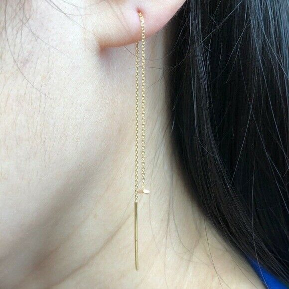14K Solid Yellow Gold Mini Bar Cable Chain Threader Earrings