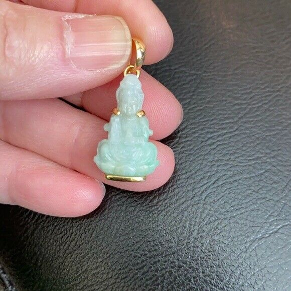 14K Solid Gold Guanyin Kwan Yin Buddha Natural Jade Pendant -Small Kid Size