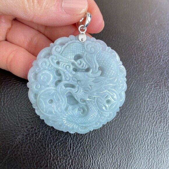 925 Sterling Silver Carving Jade Dragon Large Pendant Necklace