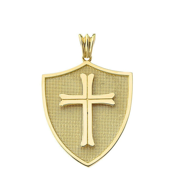 10k or 14k Solid Gold Crusader Shield Cross Pendant Charm Necklace