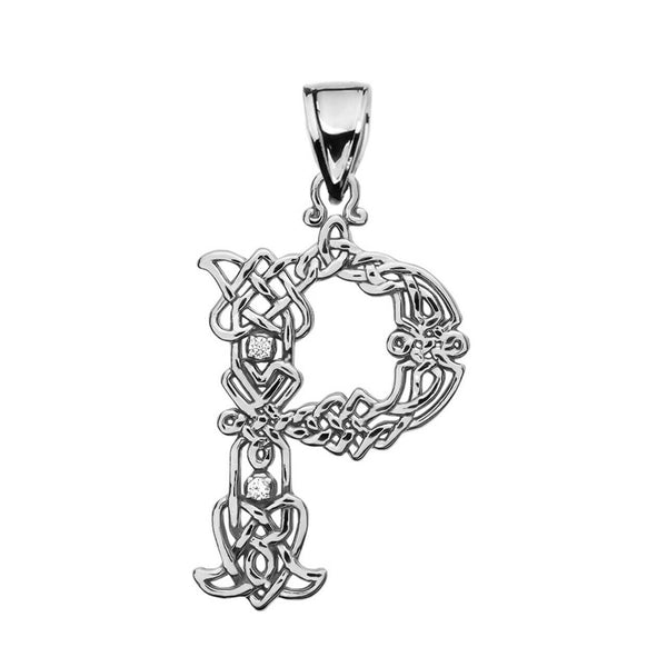 Sterling Silver CZ Celtic Knot Pattern Initial Letter P Pendant Charm Necklace