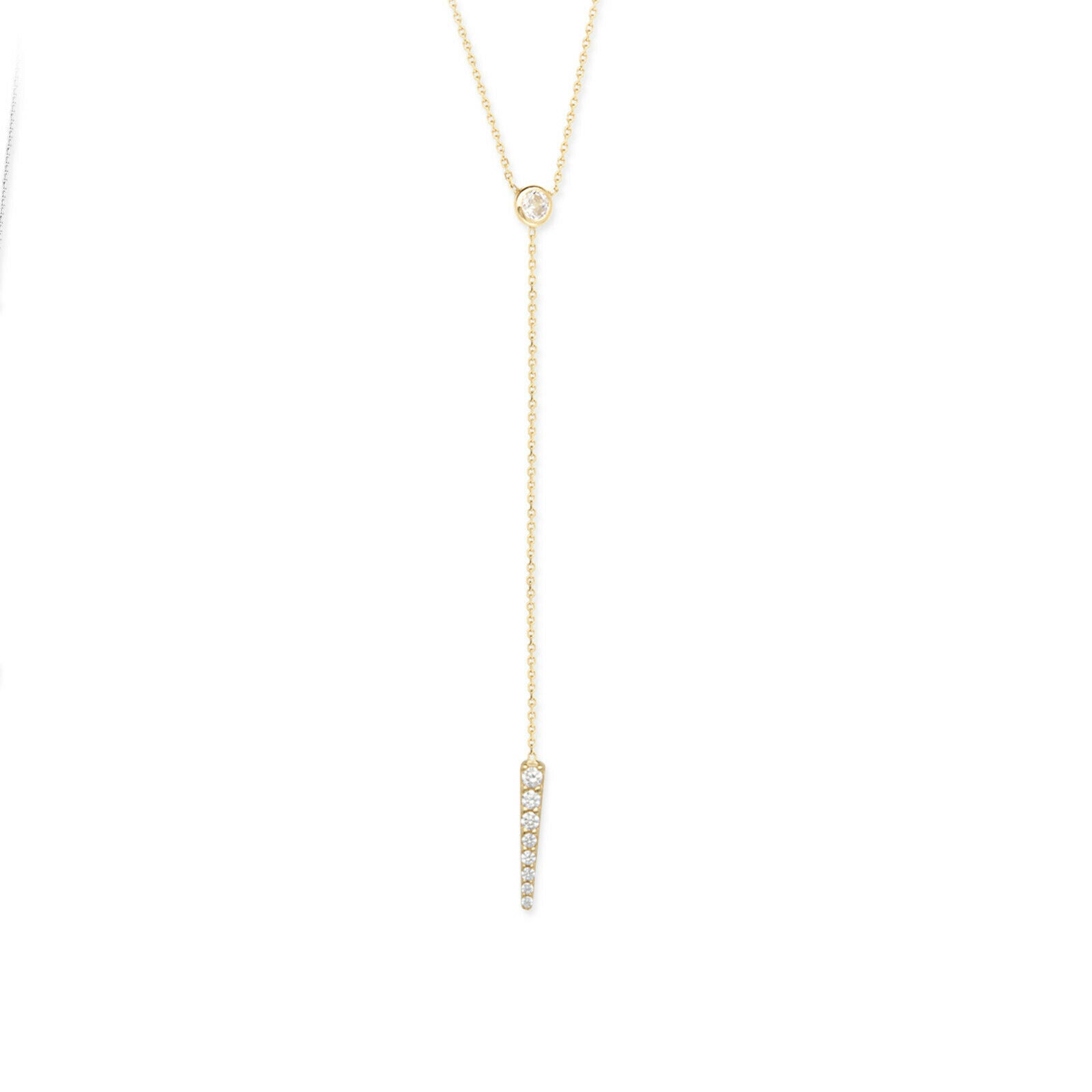14K Solid Yellow Gold CZ Bezel Set Drop W. Rad Lariat Necklace (Rose, White)