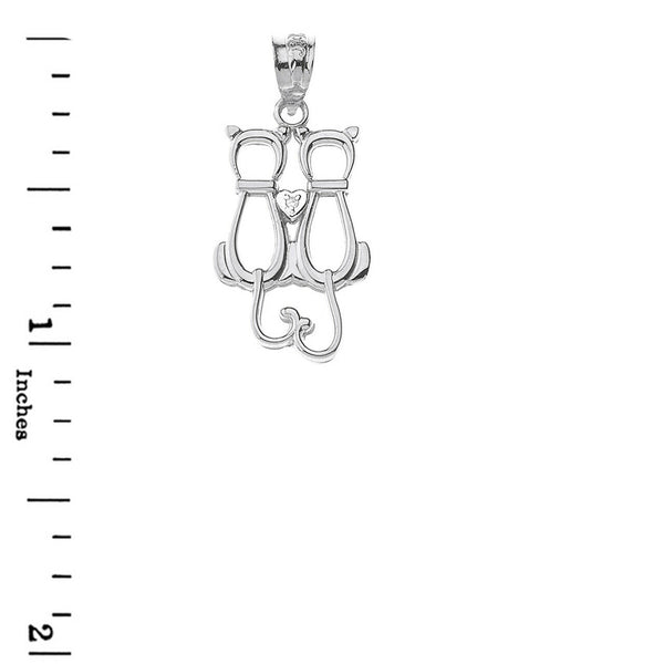 14K Solid Gold A Pair of Love Cats Heart Diamond Pendant Necklace