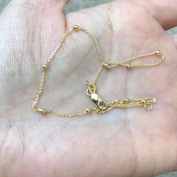 14K Solid White Gold Bead Station Cable Chain Anklet - Yellow 9"-10" adjustable