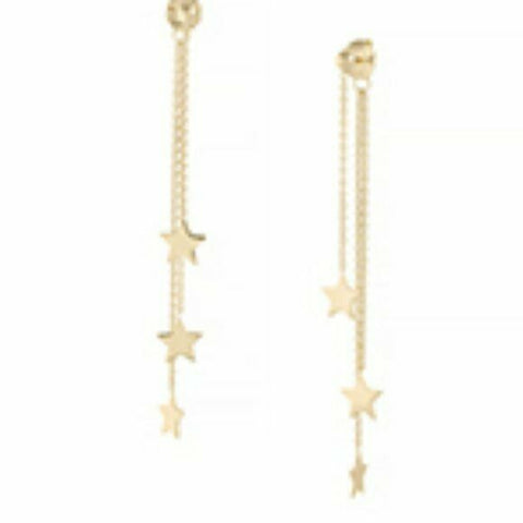 14K Solid Yellow Gold 2.5"-3" Dangle Drop Chain Star Post Earrings -