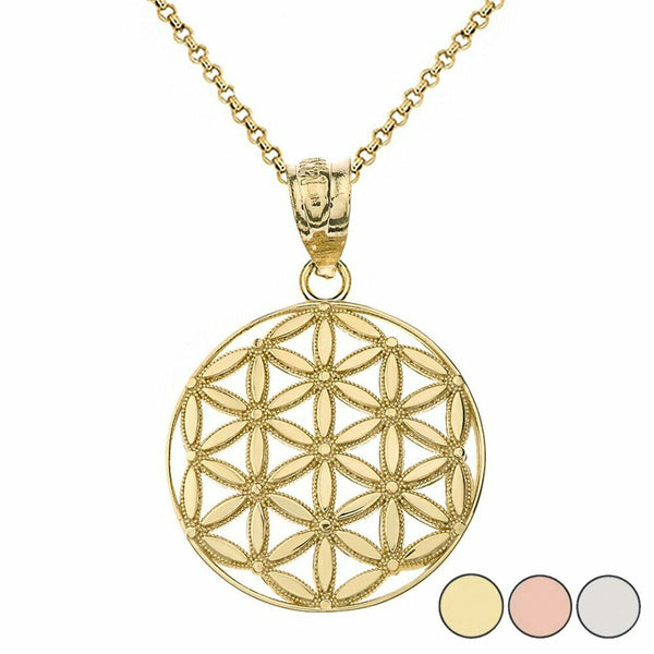 14K Solid Yellow Gold Flower of Life Sacred Geometry Pendant Necklace