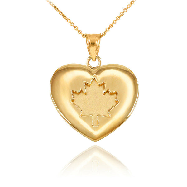 14K Solid Yellow Gold Maple Leaf Heart Pendant Necklace