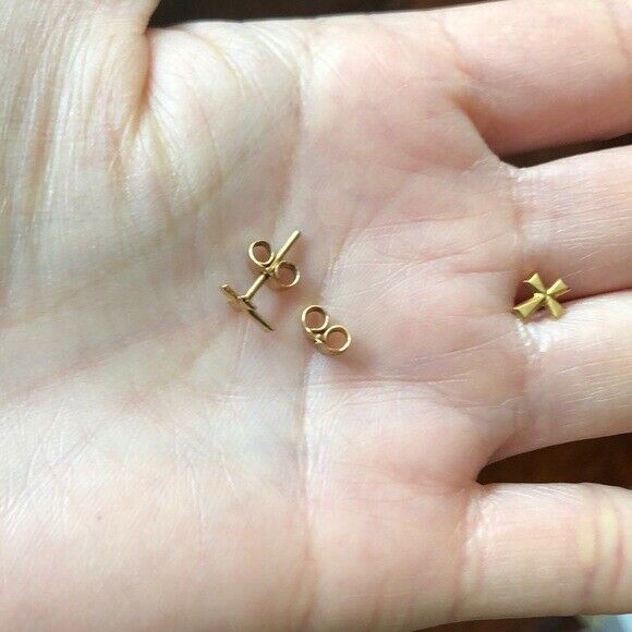 14K Solid Yellow Gold Mini Cross Dainty Stud Earrings