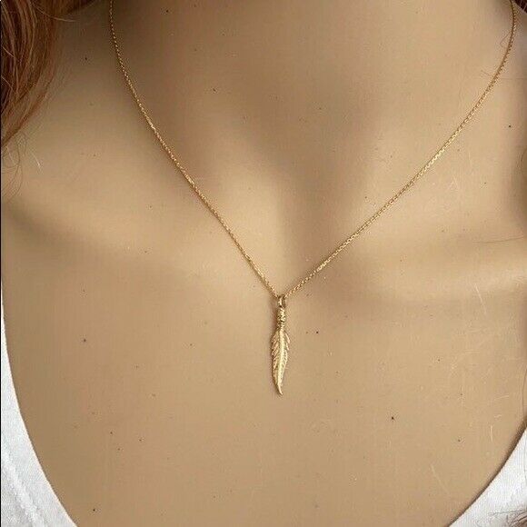 10k Rose Gold Solid Dainty Feather Pendant Necklace