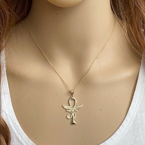 10k Solid Rose Gold Ankh With Eye of Horus Pendant Necklace