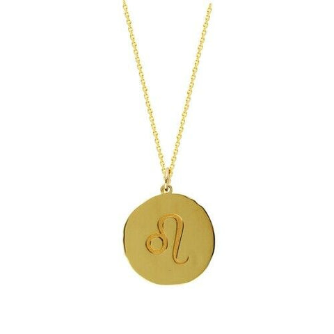 14K Solid Yellow Gold Organic Disk Engraved Leo Zodiac Pendant Necklace