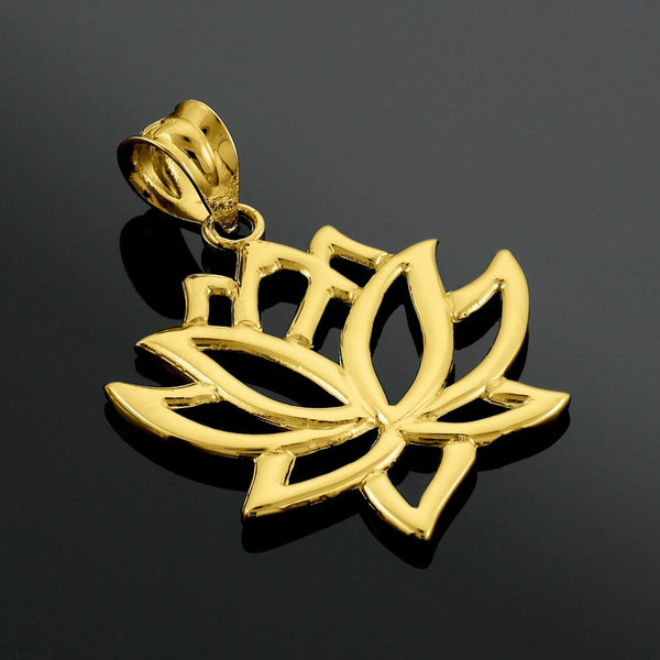 14k Solid Yellow Gold Lotus Flower Buddhism Fortune Purify Pendant Necklace
