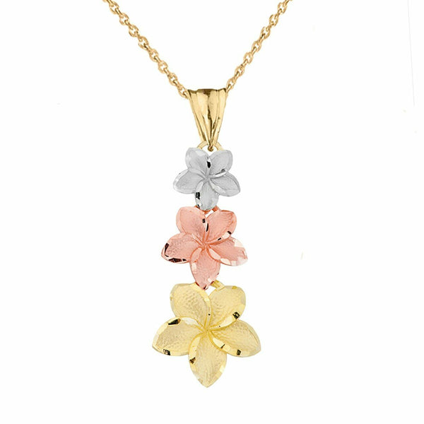 14K Tri-color Gold Elegan 3 Plumeria Flowers Joy Love Spiritual Pendant Necklace